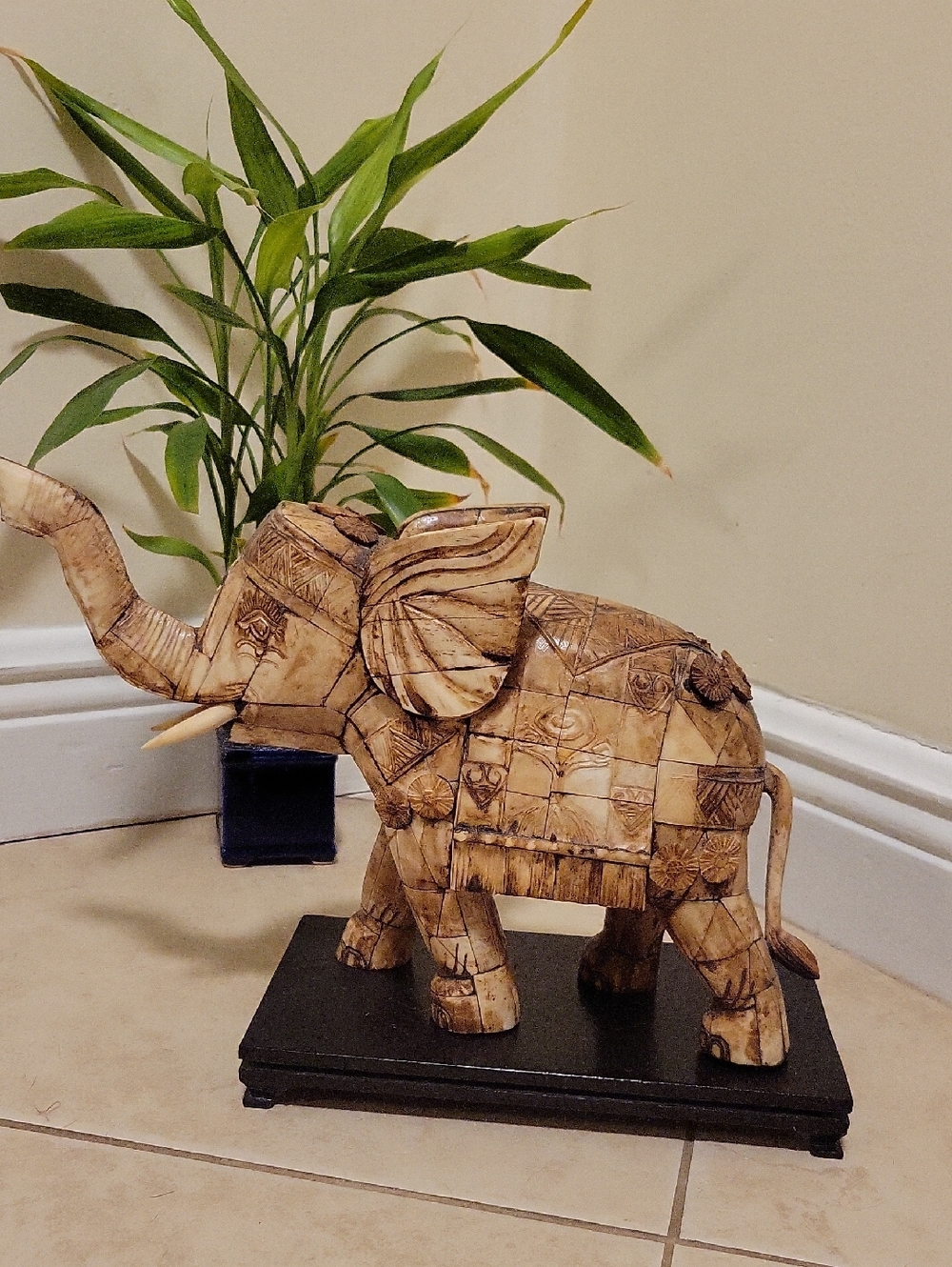 Hand-Carved Patchwork Elephant Sculpture in Bone-Tone